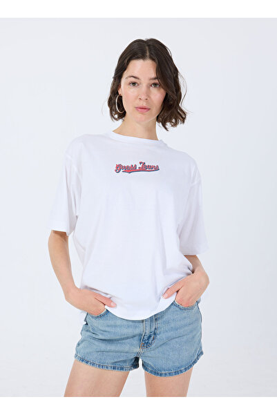 Guess Tricou alb pentru femei cu gât rotund supradimensionat Gj Ss Cn Os Curved L - Organic Cott