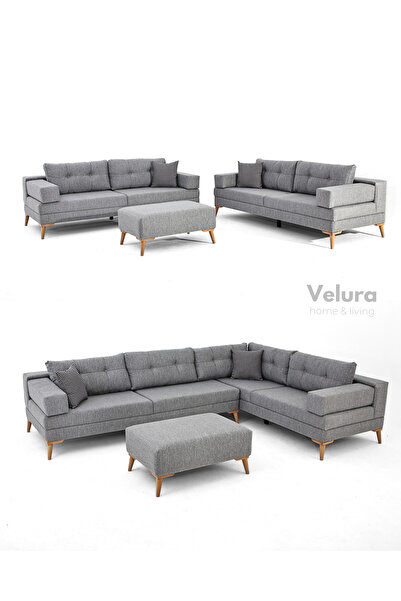 Velura Home & Living Zeri Yataklı Puzzle Modüler Köşe Koltuk Takımı & Puflu Köşe Takımı - Gri - 104