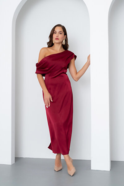 Lafaba Γυναικείο φόρεμα από σατέν με γιακά μπορντό