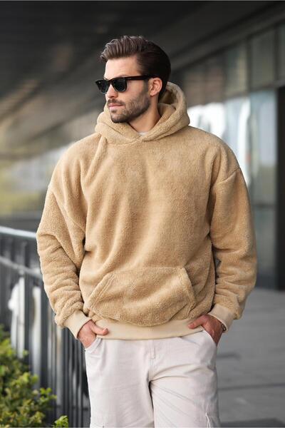 Madmext Μπεζ βελούδινο ανδρικό φούτερ με κουκούλα 6050