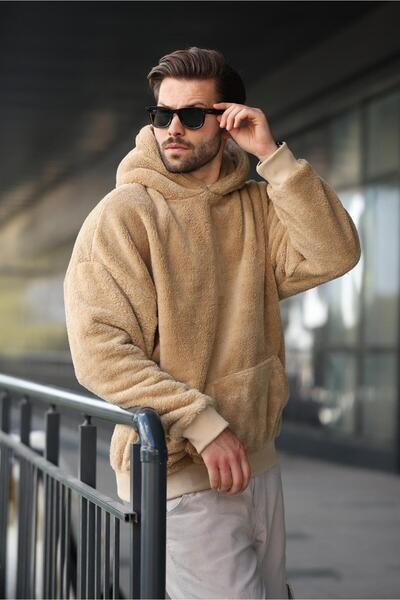 Madmext Μπεζ βελούδινο ανδρικό φούτερ με κουκούλα 6050