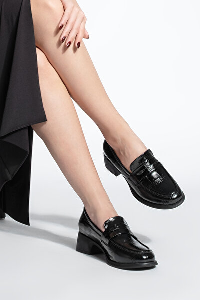 Marjin Women's Thick Heeled Loafer Croco Casual Shoes Nufit Black
