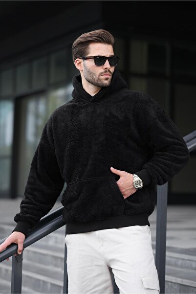 Madmext Černá plyšová pánská mikina s kapucí 6050