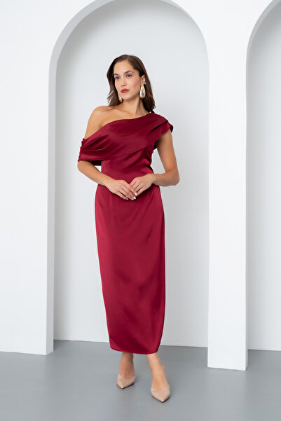 Lafaba Γυναικείο φόρεμα από σατέν με γιακά μπορντό