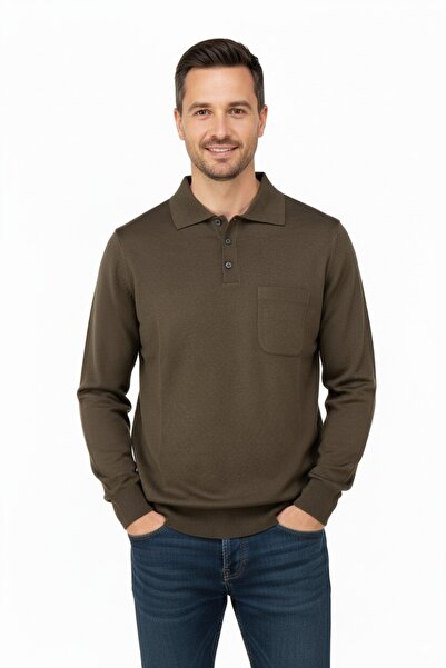 Oppland Ανδρικό πουλόβερ με λαιμόκοψη πόλο σε μάλλινο στυλ με υφαντές τσέπες Κλασικό μοντέλο Πλήρης εφαρμογή
