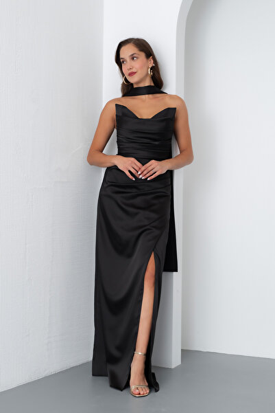 Lafaba Rochie de seară lungă din satin cu guler șal negru pentru femei