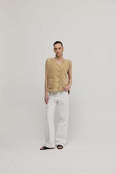 TUBİA Γυναικείο βελούδινο γιλέκο Camel Pocket Zero Sleeve με κουμπιά