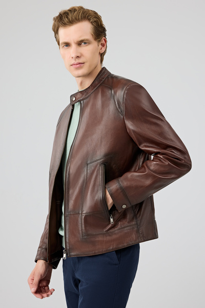 Derimod King Men's Brown Judge Collar Leather Jacket 25Wge6580Nc