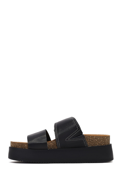 Derimod Women's Black Buckle Thick Soled Leather Slippers 25Sfd132918
