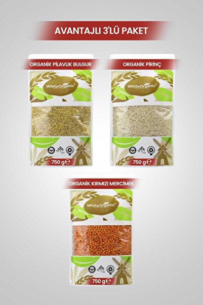 White Organic Organik Kırmızı Mercimek+Organik Pirinç+Organik Pilavlık Bulgur Bakliyat Seti