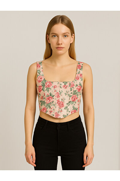 Sibel Günay Butik Women's Bustier |   Pink Floral Patterned Strap Crop Model