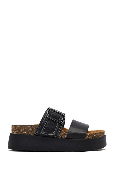 Derimod Women's Black Buckle Thick Soled Leather Slippers 25Sfd132918