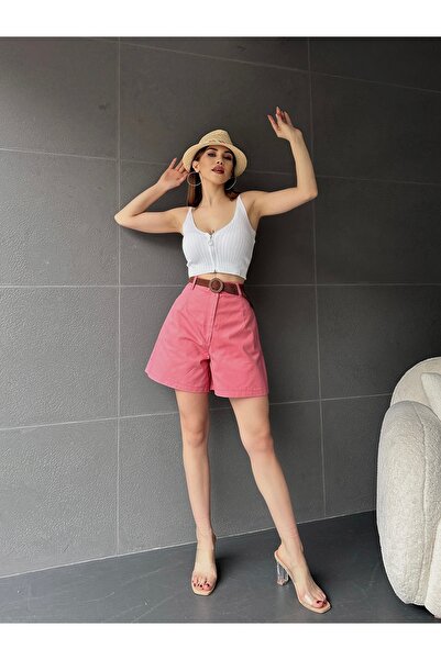 Fav Style Kadın Yüksek Bel Kemerli Cepli Geniş Paça Gabardin Şort Pembe