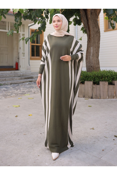 SAHRA BUTİK Χακί ριγέ πλεκτό φόρεμα νυχτερίδας - Sahra Boutique