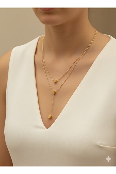 bettin tasarım قلادة نسائية من الفولاذ على شكل حرف Y مكونة من قطعتين، بتصميم سلسلة إيطالية رفيعة وتفاصيل مربعة، باللون الأصفر الذهبي