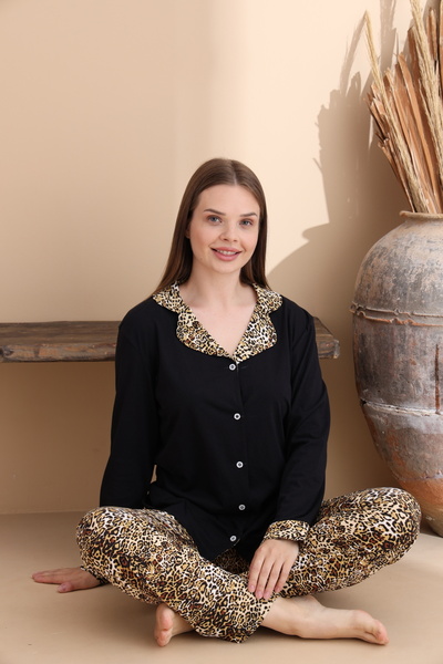 ELİTOL Siyah Leopar Desen Pamuklu Örme Uzun Kol Kadın Düğmeli Pijama Takımı