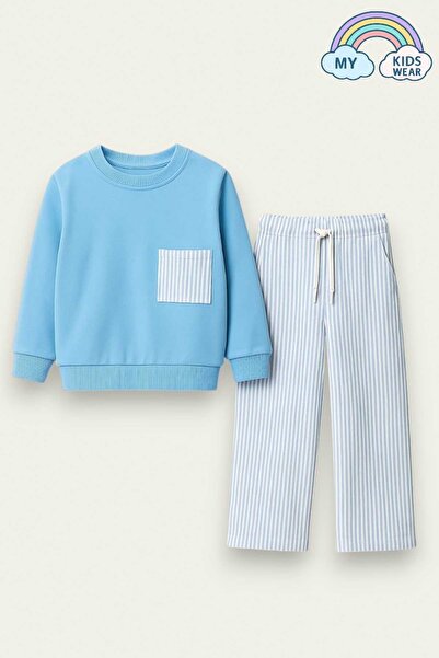 My Kids Wear Girls' Sweatshirt and Trousers Set – Blue Striped 2-10 Years 12015