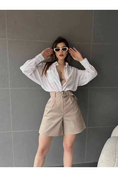 Fav Style Kadın Yüksek Bel Geniş Paça Kuş Gözü Kemerli Çift Cepli Mom Şort