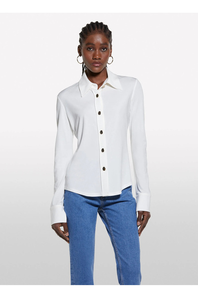 Sisley Slim Fit Classic Collar Beige Women's Shirt 5Fntlq08K