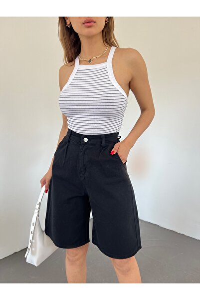 Fav Style Women's High Waist Bermuda Wide Leg Denim Shorts Black
