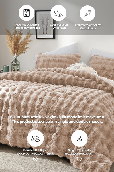Evlen Home Collection Kürk Yatak Örtüsü Çift Kişilik Dolgulu Peluş Yumuşak Çift Taraflı Yorgan 3 Parça Lory Kahve