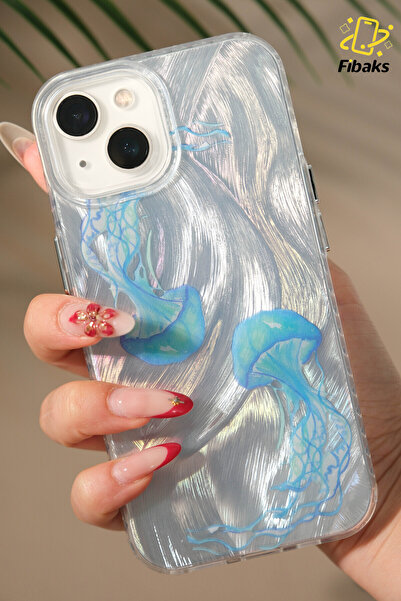 Fibaks Iphone 13/14/15 case holographic blue jellyfish pattern shock absorbing camera protected silicone