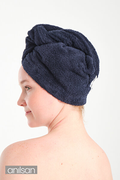 Anılsan 100% Cotton Navy Blue Towel Bonnet Hair Drying Cap Head Towel Shower Bathing Cap Wet Hair Drying B