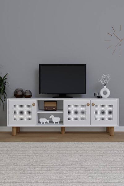 midoser Bohem Serisi Natura Mat Beyaz Pvc Hasır Desen Tv Ünitesi