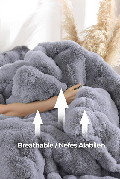 Evlen Home Collection Kürk Yatak Örtüsü Çift Kişilik Dolgulu Peluş Yumuşak Çift Taraflı Yorgan 3 Parça Lory Gri