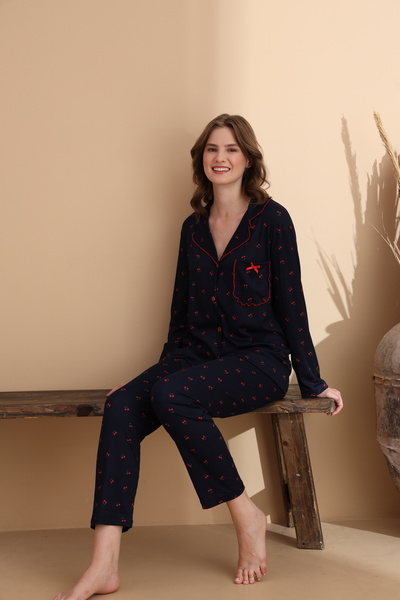 ELİTOL Σετ πιτζάμες με μακρυμάνικο γυναικείο κουμπί Cherry Pattern Cares