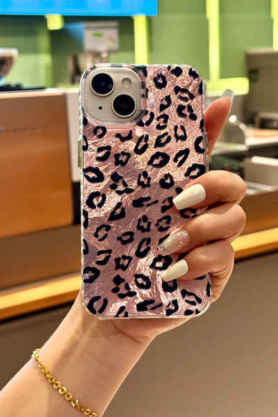 Fibaks iPhone 13/14/15 Kılıf Hologramlı Pembe Leopar Desenli Darbe Emici Kamera Korumalı Silikon