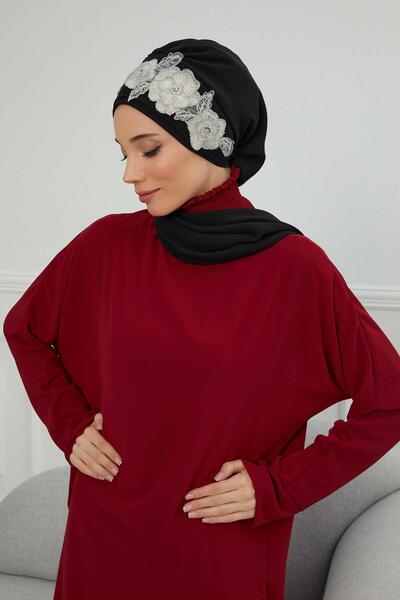 Aisha's Design Chiffon Ready-To-Wear Turban with Floral Crown Accessory, Ht-103, Ht-103, Black-Silver