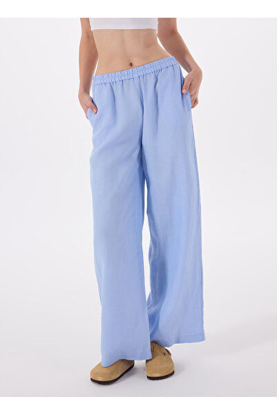 Sisley Women's Light Blue 100% Linen Elastic Waist Pleated Front Wide Leg Pants