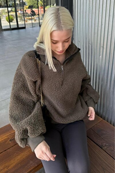 Madmext Haki Peluş Fermuar Yaka Sweatshirt MG1413