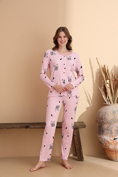 ELİTOL Tavşan Desen Cares Örme Likralı Uzun Kol Kadın Pijama Takımı