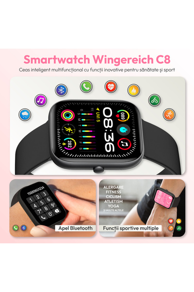 Wingereich Wingereich® C8 smartwatch, Bluetooth, fitness, heart rate monitoring, SpO2, black