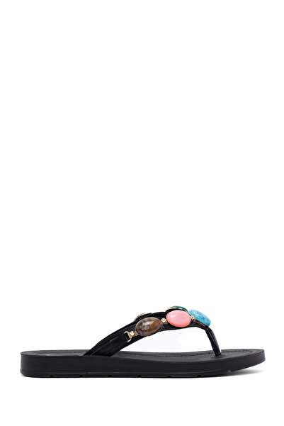 Derimod Women's Black Flip Flops Stone Slippers 25Sfe463018