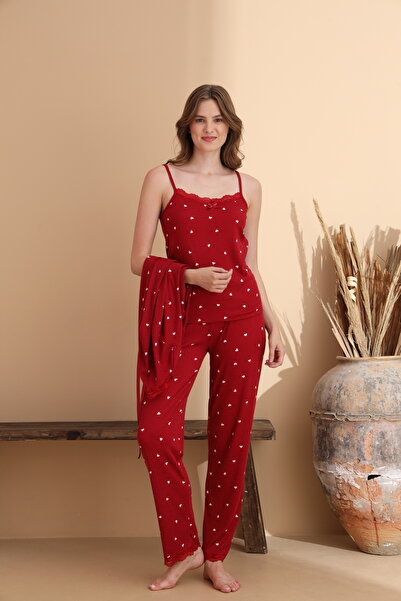 ELİTOL Kalp Desen Cares Örme Likralı Uzun Kol Kadın 3'lü Sabahlık Pijama Takımı