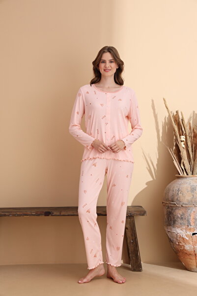 ELİTOL Kalp Love Desen Cares Örme Likralı Uzun Kol Kadın Pijama Takımı