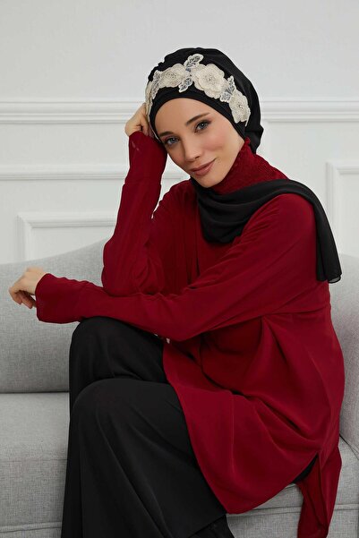 Aisha's Design Chiffon Ready-To-Wear Turban with Floral Crown Accessory, Ht-103, Ht-103, Black-Gold