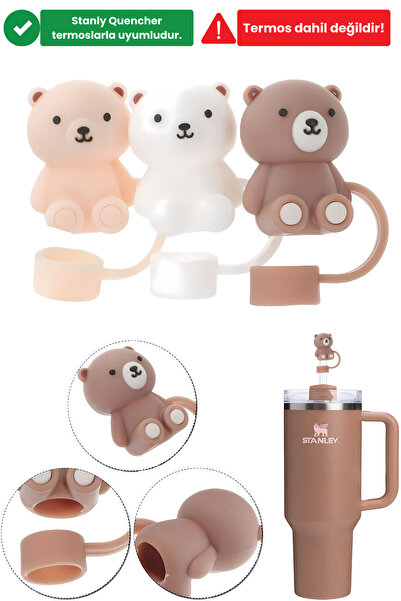 Stanley 3 Adet 10mm Ayıcık Figürlü Silikon Pipet Kapağı Toz Geçirmez Stnly Quencher Uyumlu Tıpa Seti