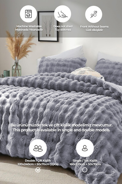 Evlen Home Collection Хутряне покривало для ліжка Двоспальне наповнене плюшеве м'яке двостороннє ковдру 3 частини Lory Grey