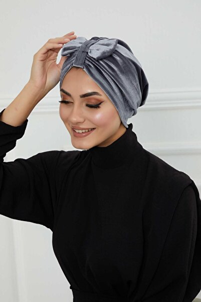 Aisha's Design Βελούδινο μπονέ με φιόγκο μπροστά, γκρι, b-7k, γκρι