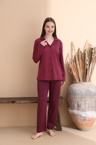 ELİTOL Mürdüm Leopar Desen Pamuklu Örme Uzun Kol Kadın Düğmeli Pijama Takımı