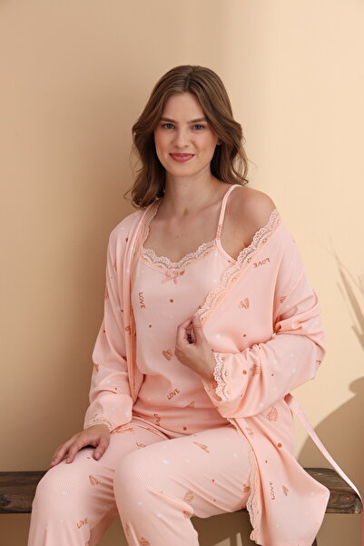 ELİTOL Σετ πιτζάμες 3 τεμαχίων με μακρυμάνικο γυναικείο φόρεμα στολής με σχέδιο καρδιάς Love Cares