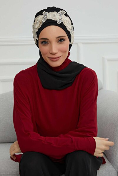 Aisha's Design Chiffon Ready-To-Wear Turban with Floral Crown Accessory, Ht-103, Ht-103, Black-Gold