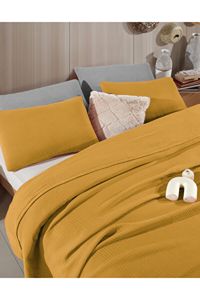 destinyhometex Hardal Xl Tek Kişilik Saçaksız 180 X 240cm Pike/Yatak Örtüsü/1 Adet 50x70cm Yastık 4 Kat %100 Pamuk