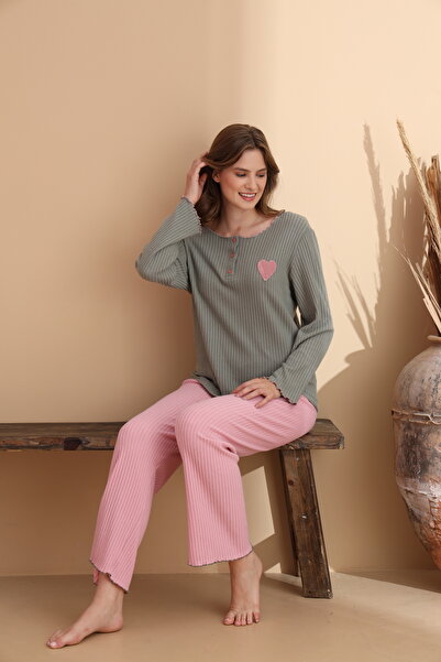 ELİTOL Khaki Report Waffle Knitted Long Sleeve Women's Pajama Set