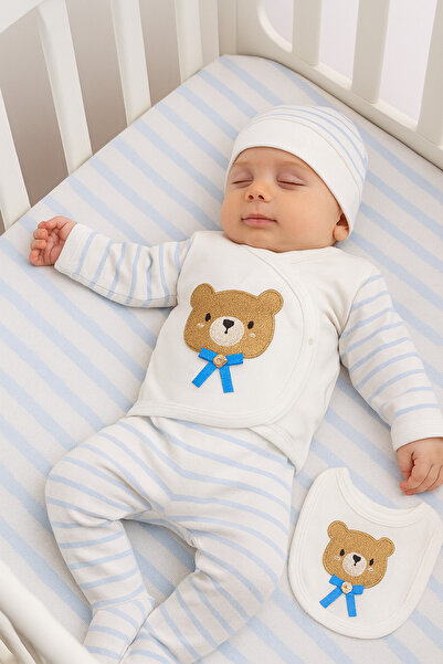 BYS BABY FASHION Ayıcık Nakışlı Çizgili Yenidoğan Erkek Bebek 5 Parça Hastane...