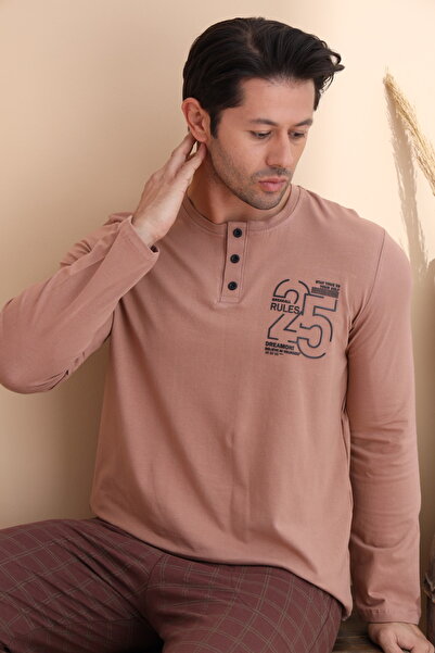 ELİTOL Mink Stripe Pattern Buttoned Long Sleeve Men's Pajama Set